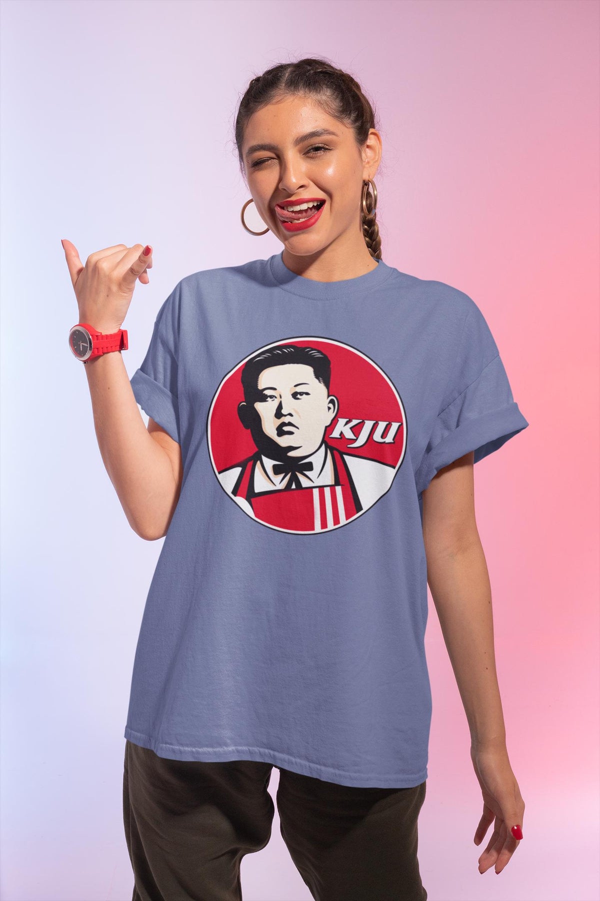 Kim Jong Un Fried Chicken Parody Shirt, Funny Dictator Chicken Logo T-Shirt, Political Satire Meme Hoodie, Funny Gag Gift Idea Sweatshirt