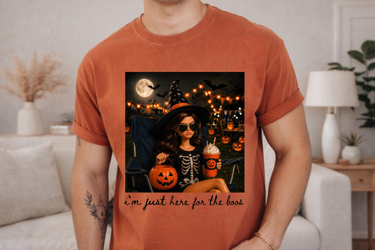 Comfort Colors® Pumpkin Spice Latte Doll Shirt, Halloween I'm Just Here for the Boos Graphic Tee, Spooky Season Fall Top