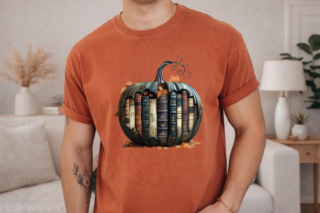 Comfort Colors® Book Pumpkin Shirt, Fall Reading Tee, Autumn Book Lover Gift, Cozy Library Shirt, Back to School
