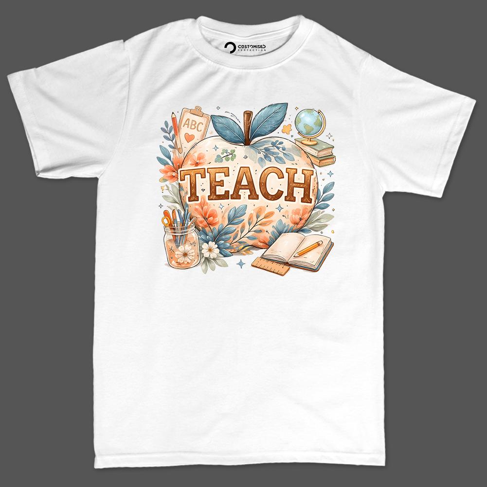 Boho Teacher T-Shirt | Teach Apple Watercolor | Teacher Gift Tee, Educator School Top