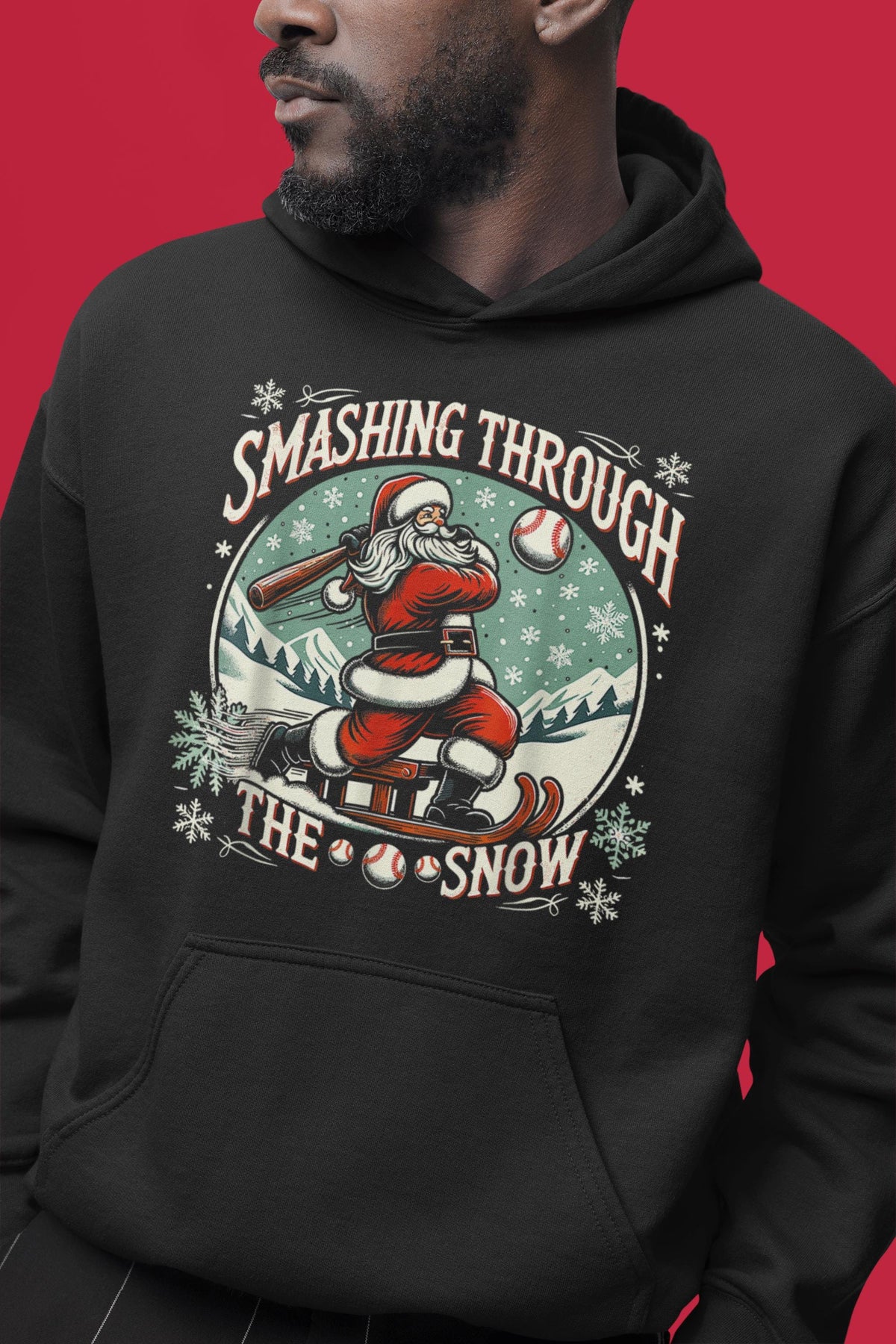 Smashing Through The Snow Santa Hoodie, Black Santa, Baseball Christmas, Santa Hooded Sweatshirt, Matching Christmas Sweatshirt for Families