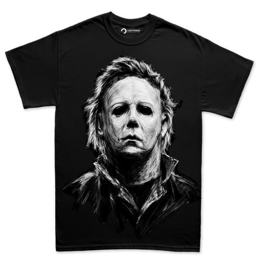 Masked Slasher Portrait Shirt, Dark Horror Mask T-Shirt, Chalk Art Horror Hoodie, Black and White Horror Sweatshirt, Halloween Tee Gift