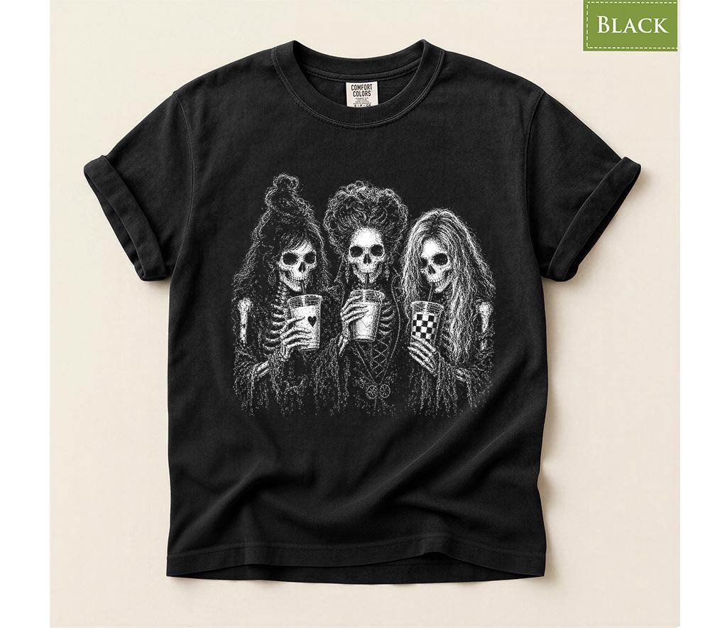 Skeleton Besties Iced Coffee Shirt, Halloween Skull Trio T-Shirt, Spooky Season Girls Hoodie, Skeleton Coffee Run Sweatshirt