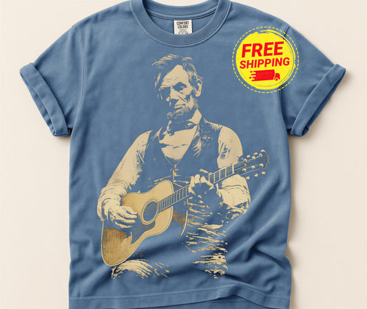 Comfort Colors® Abraham Lincoln Playing ACOUSTIC Guitar Shirt, Funny Americana Tee, Musician Gift Idea, Retro Political Humor Tshirt