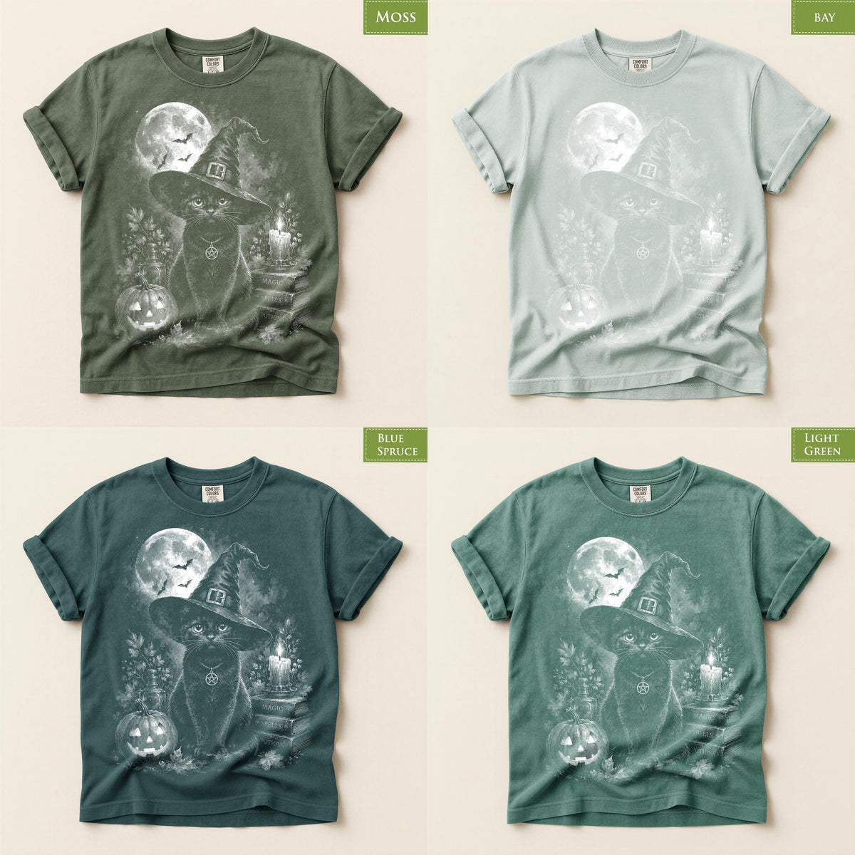 Comfort Colors® Black Cat Witch Graphic Tee, Halloween Pumpkin Moon Shirt, Spooky Magic Apparel Gift