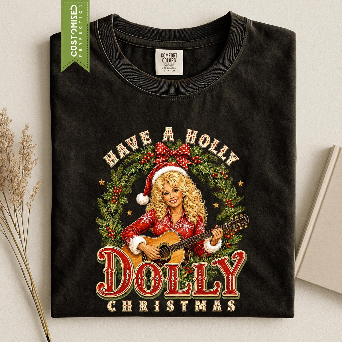 Comfort Colors® Have A Holly Dolly Christmas Shirt, Dolly Parton Guitar T-Shirt, Santa Hat Country Christmas Tee, Country Music Gift Idea