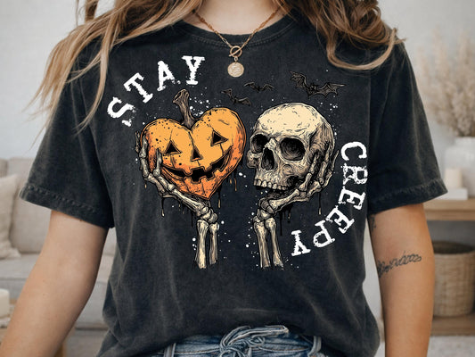 Comfort Colors® Halloween Skeleton Stay Creepy Pumpkin Graphic Tee, Spooky Season Shirt