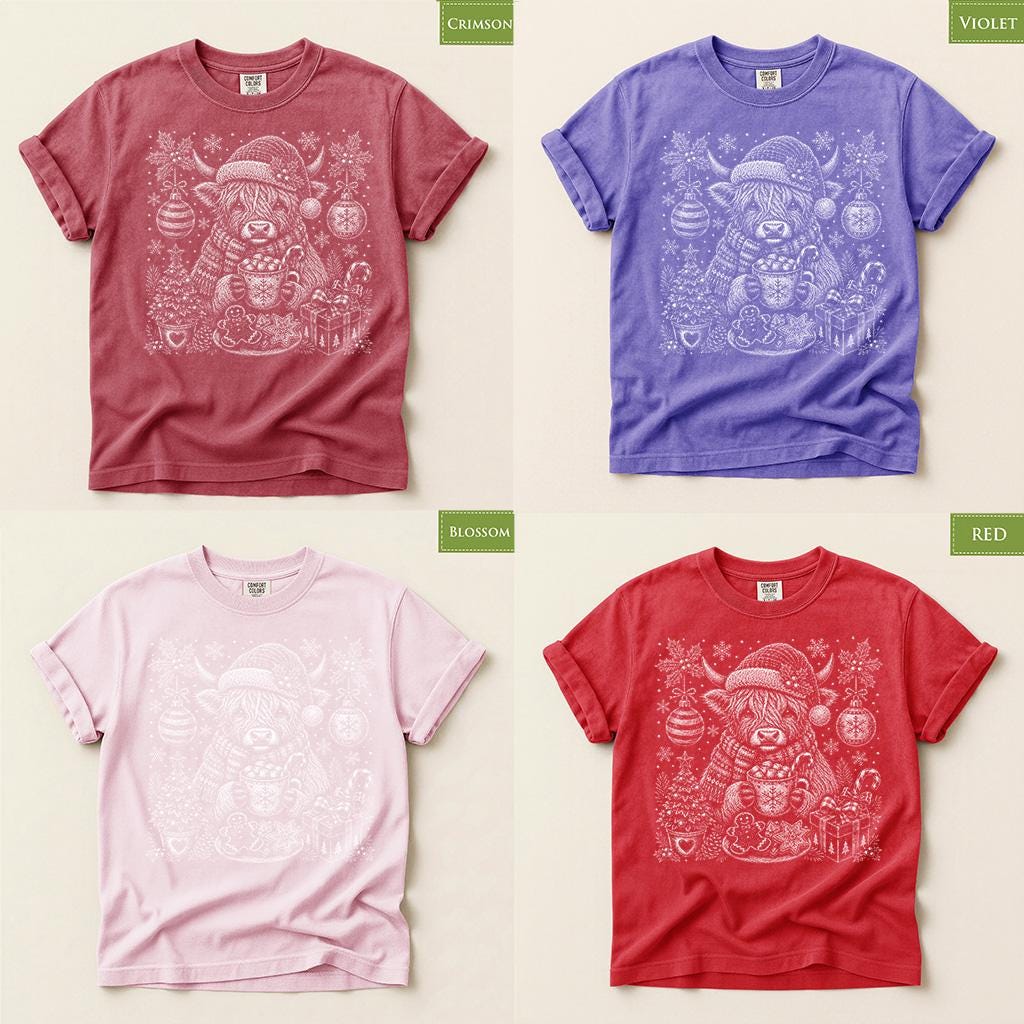 Comfort Colors® Highland Cow Christmas Shirt, Festive Holiday Tee, Cozy Winter Gift, Christmas Cow Graphic