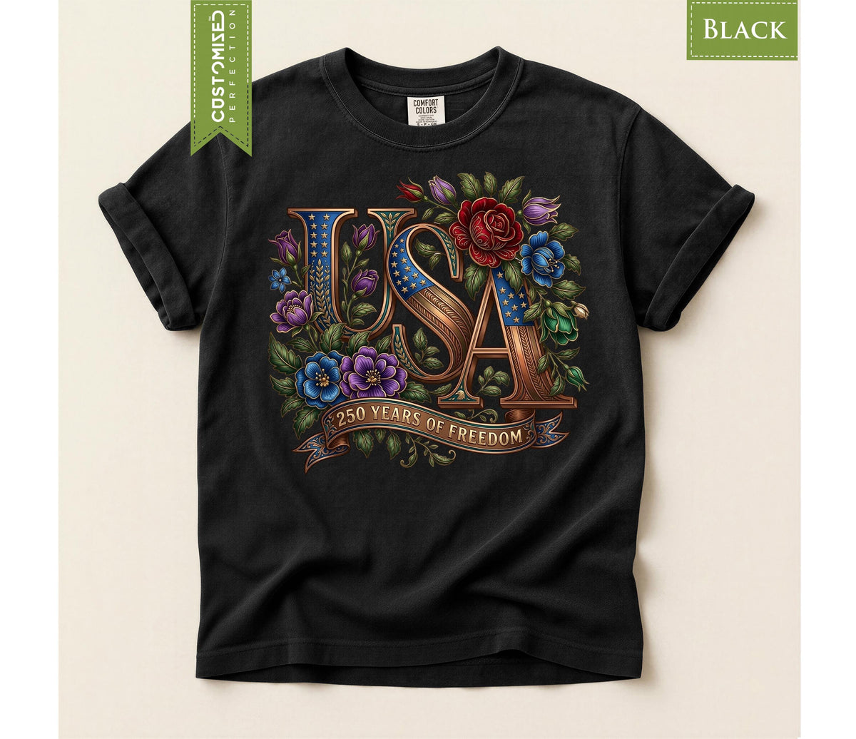 July 4th USA Floral Shirt, Comfort Colors® Patriotic Womens Tee