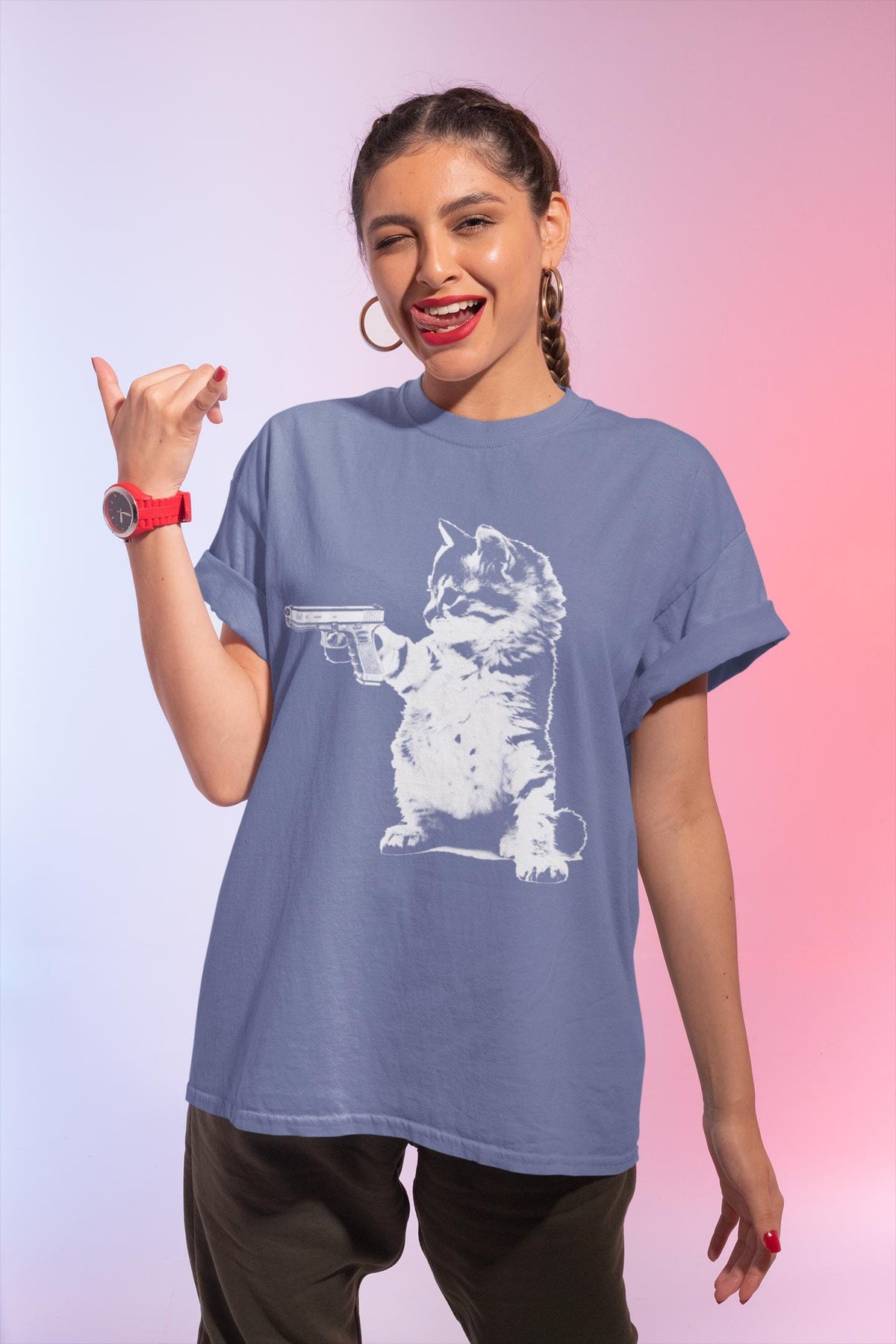Comfort Colors® Cat Holding Gun Shirt, Funny Kitty Tee for Feline Lovers