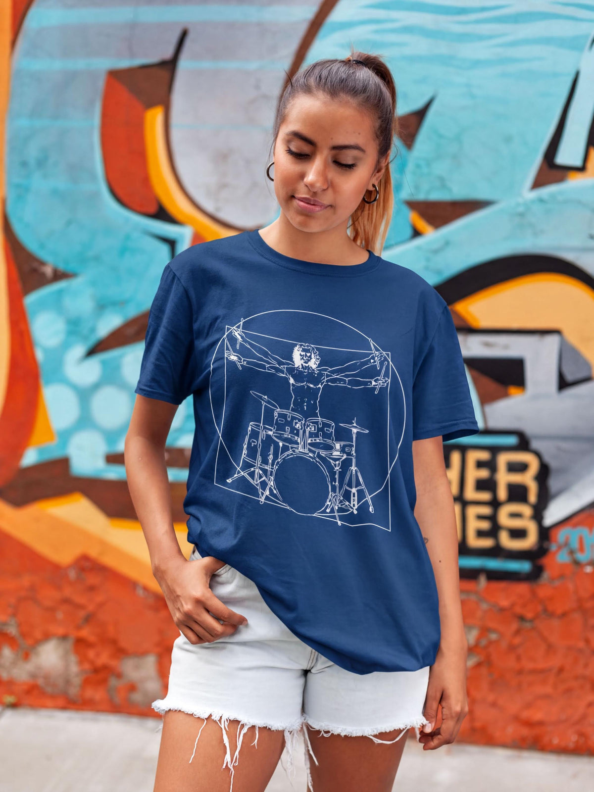 Vitruvian Drummer T-Shirt: Da Vinci Inspired Drum Graphic Tee for Percussionists