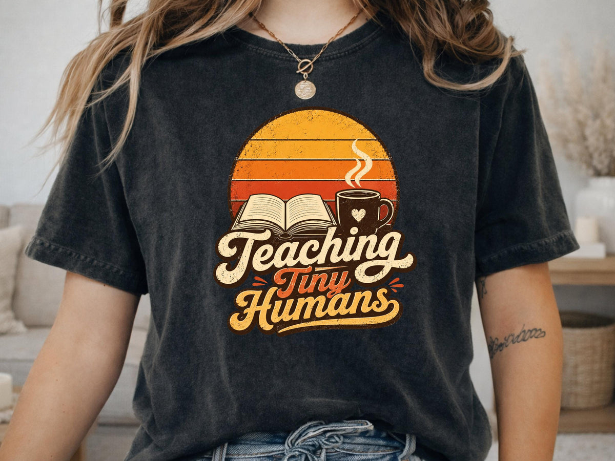 Teaching Tiny Humans Shirt | Vintage Retro Teacher Tee | Coffee Book Lover Top