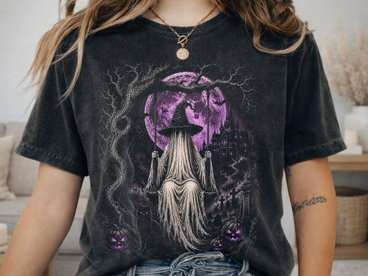 Comfort Colors® Haunted Witch Ghost Graphic Tee, Gothic Moon Cemetery Shirt, Spooky Halloween Apparel Gift