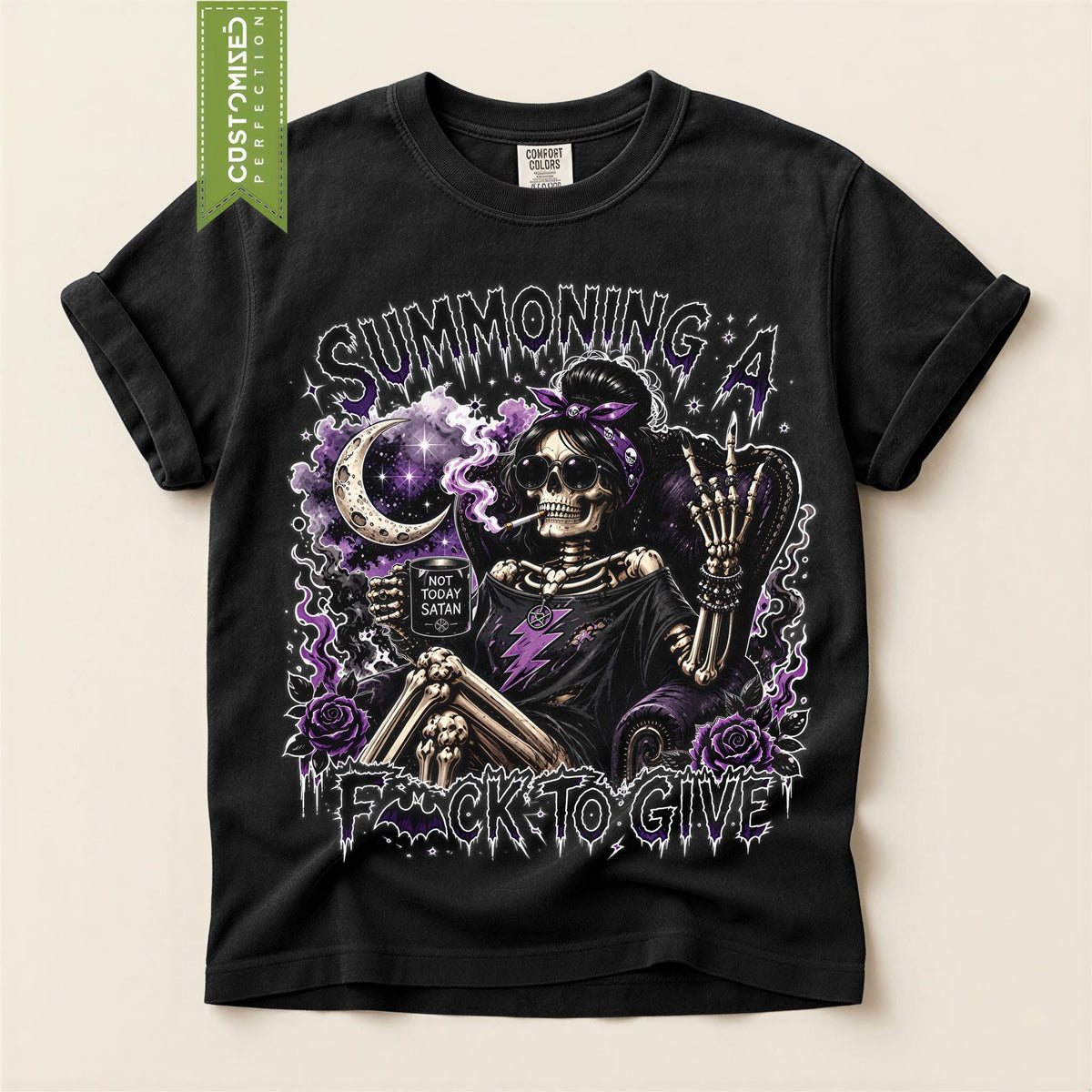 Summoning A Fuck To Give Shirt, Comfort Colors® Sarcastic Witch Skull Tee, Halloween Punk Rock Sarcastic T-shirt, Gift Idea For Her