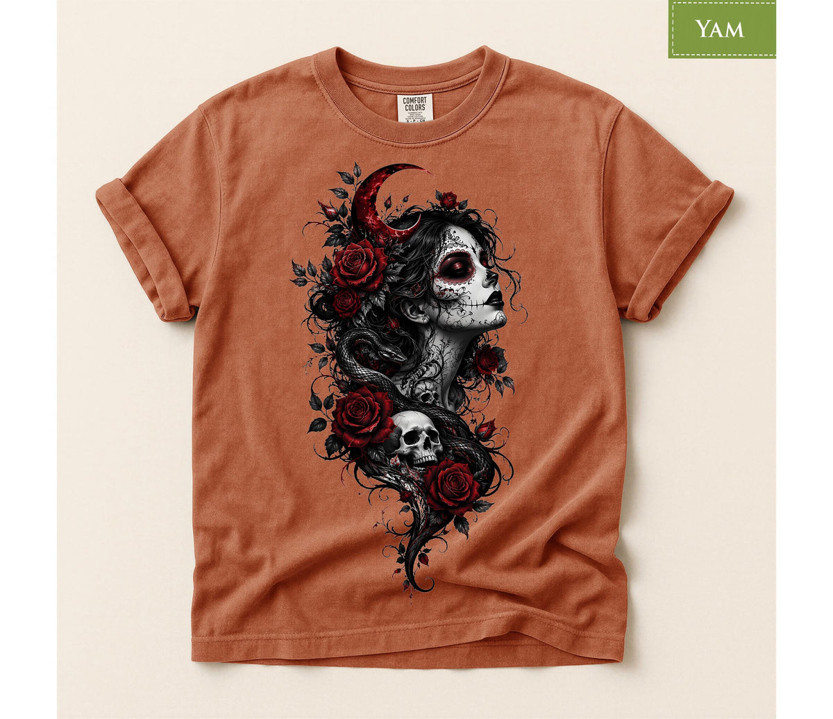 Comfort Colors® Gothic Skull Rose Snake Graphic Tee, Halloween Dark Magic Shirt, Día de los Muertos