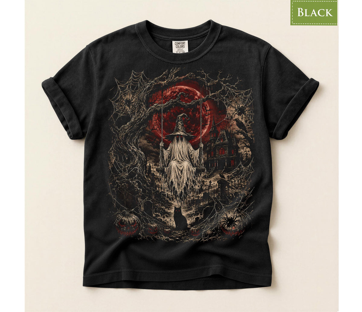 Comfort Colors® Haunted Witch Ghost Graphic Tee, Gothic Cemetery Shirt, Halloween Spooky Apparel Gift