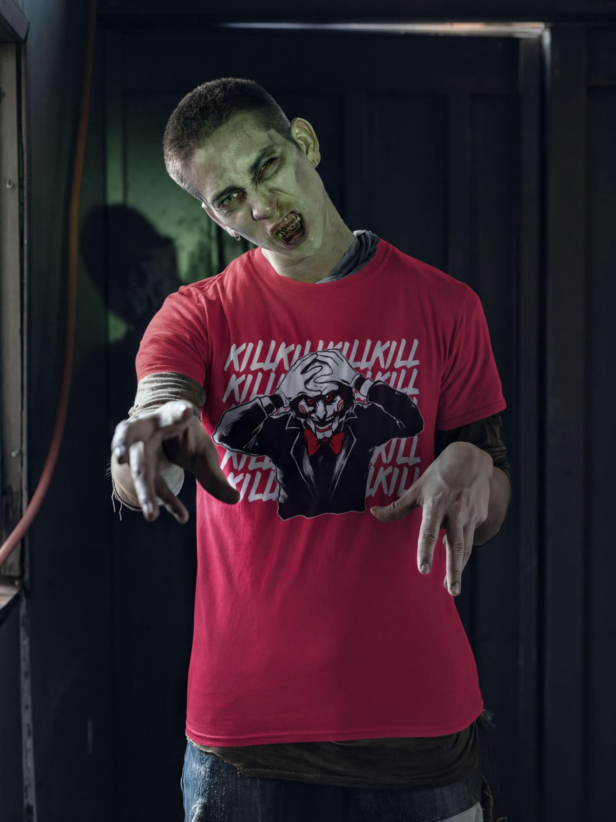 Killer Puppet Portrait Shirt, Horror Puppet Pop Art T-Shirt, Creepy Doll Face Hoodie, Repeated Text Horror Sweatshirt, Halloween Tee Gift