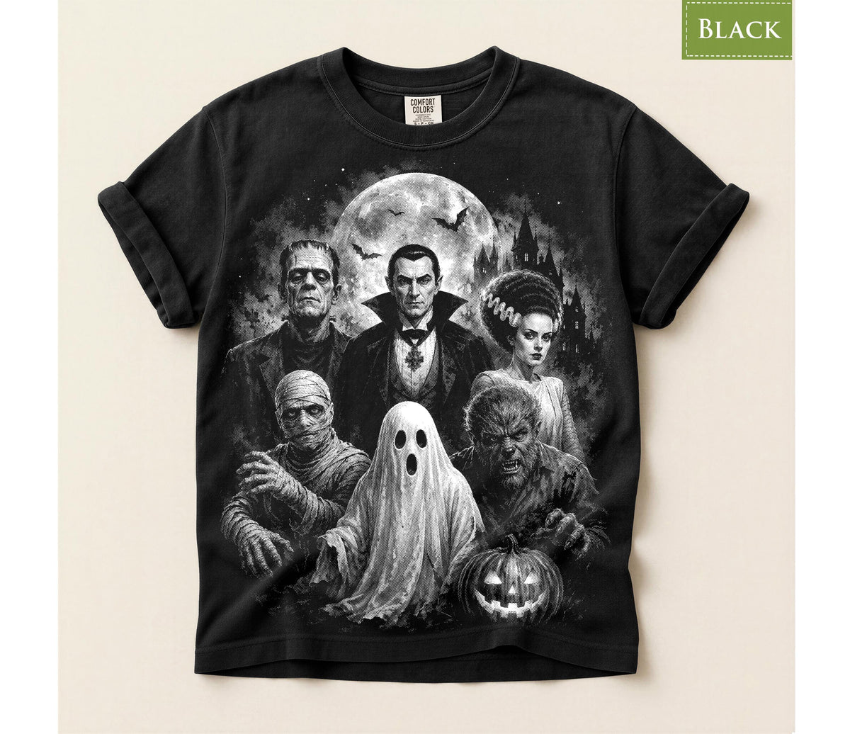 Comfort Colors® Frankenstein Bride Dracula Werewolf Mummy  Graphic Tee, Halloween Classic Monsters Pumpkin Gift
