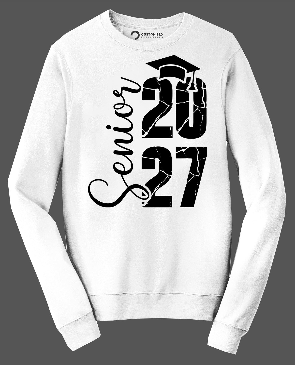 Senior 2027 Cracked Shirt, Class of 2027 Graphic T-Shirt, Black and White Grad Cap Hoodie, Vertical Script Senior Sweatshirt