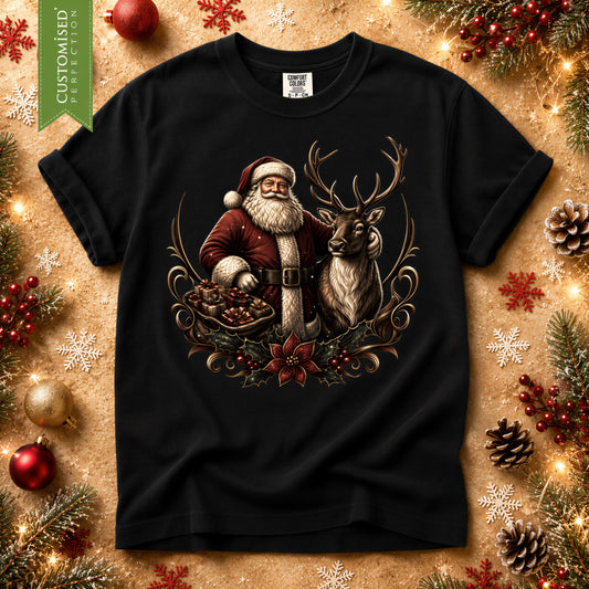 Comfort Colors® Christmas Shirt, Vintage Santa Reindeer Tee, Rustic Holiday Graphic, Christmas Gift