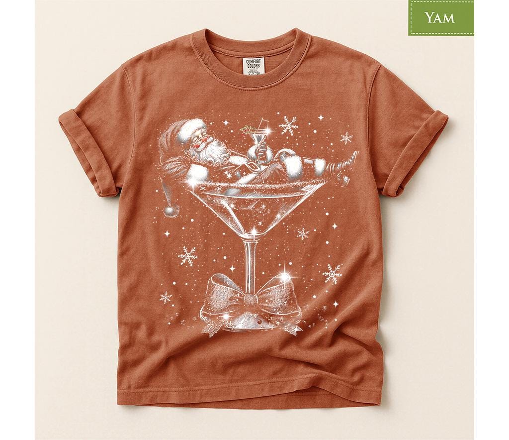 Comfort Colors® Santa Martini Christmas Shirt, Tipsy Santa Holiday Tee, Funny Cocktail Christmas Gift, Festive Winter Graphic