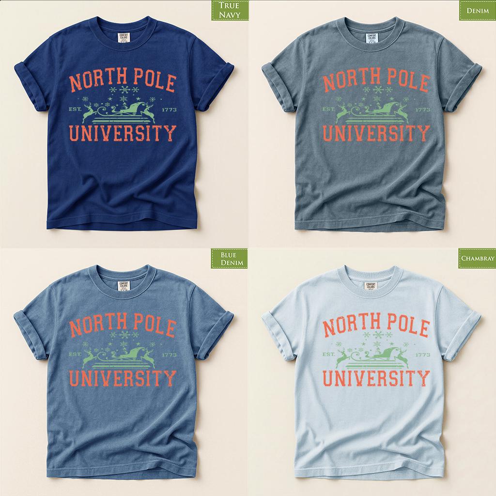 Comfort Colors® North Pole University Christmas Shirt, Funny Christmas College Tee, Santa Sleigh Holiday Shirt, Xmas Gift