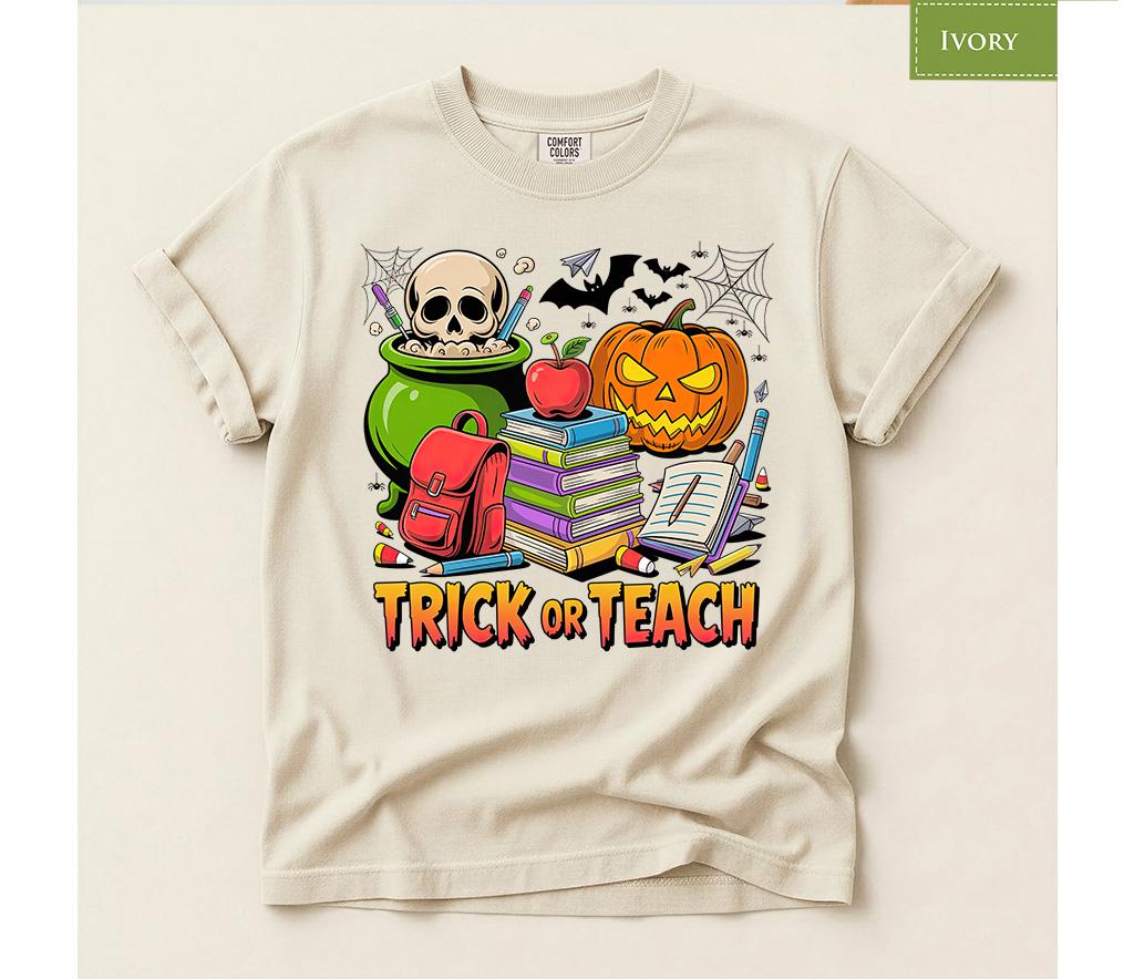 Comfort Colors® Trick or Teach Shirt, Halloween Teacher Tee, Back to School top, Spooky Classroom Fall Educator Gift