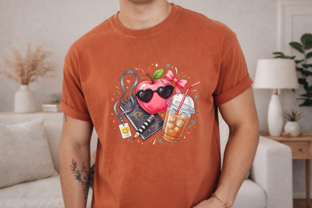 Comfort Colors® Preppy Apple Teacher Shirt, Back to School Tee, Iced Coffee Graphic, Cute Educator Gift