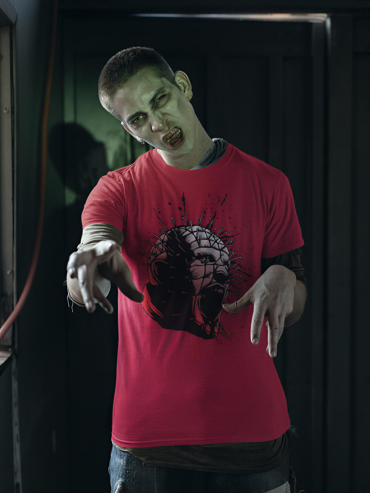 Pinhead Horror Splatter Shirt, Grid Pattern Villain T-Shirt, Ink Splatter Horror Hoodie, Screaming Horror Face Sweatshirt