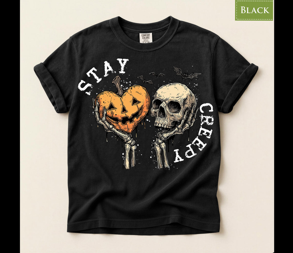 Stay Creepy Shirt, Skeleton Hands Halloween T-Shirt, Pumpkin Skull Gothic Hoodie, Horror Aesthetic Sweatshirt, Spooky Season Tee Gift