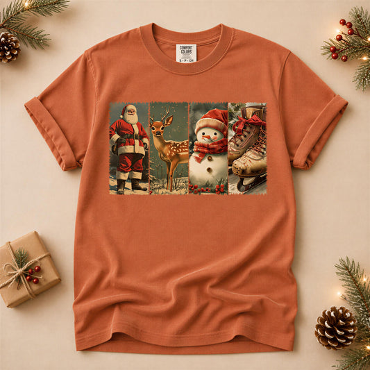 Comfort Colors® Christmas Shirt, Vintage Santa Reindeer Tee, Snowman Skates, Rustic Holiday Graphic Top