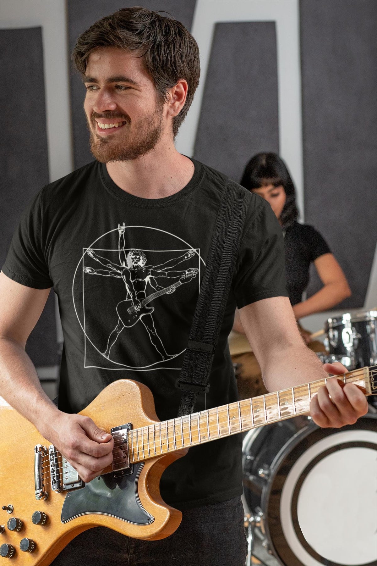 Mens Vitruvian Guitarist Guitar Funny Spoof Da Vinci T shirt Tee Top T-shirt