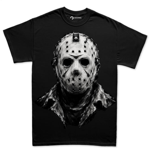 Hockey Mask Killer Shirt, Camp Horror Portrait T-Shirt, Chalk Art Slasher Hoodie, Black and White Mask Sweatshirt, Halloween Tee Gift