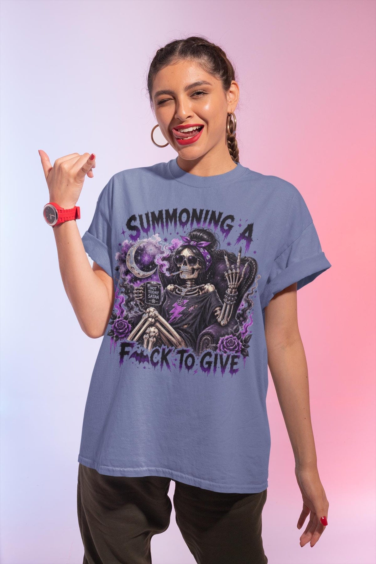 Summoning A F*ck To Give Shirt, Comfort Colors® Skeleton Tee, Goth Witchy Sarcastic T-Shirt, Not Today Satan, Sassy Halloween Skeleton Gift