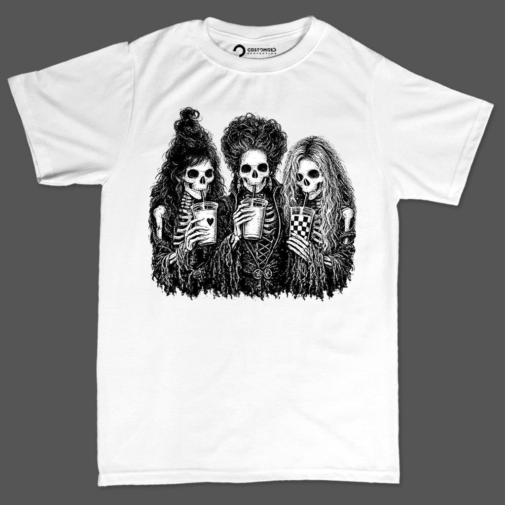 Skeleton Besties Iced Coffee Shirt, Halloween Skull Trio T-Shirt, Spooky Season Girls Hoodie, Skeleton Coffee Run Sweatshirt