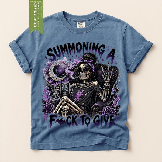 Summoning A Fuck To Give Shirt, Comfort Colors® Sarcastic Witch Skull Tee, Halloween Punk Rock Sarcastic T-shirt, Gift Idea For Her