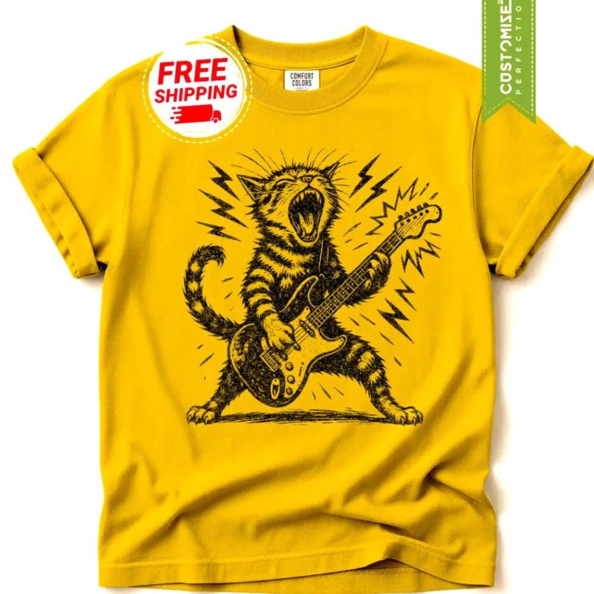 Rock n Roll Cat Playing Guitar Shirt | Comfort Colors® Funny Music Lover Kitty Tee