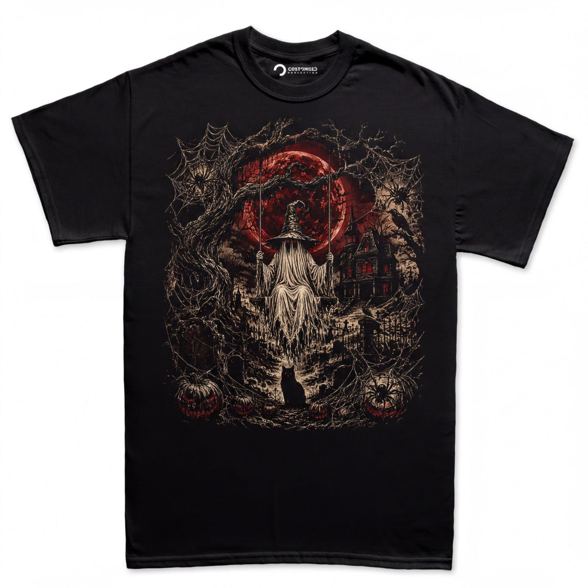 Witch Swing Haunted House Shirt, Blood Moon Graveyard T-Shirt, Gothic Halloween Spiders Hoodie, Black Cat Cemetery Sweatshirt