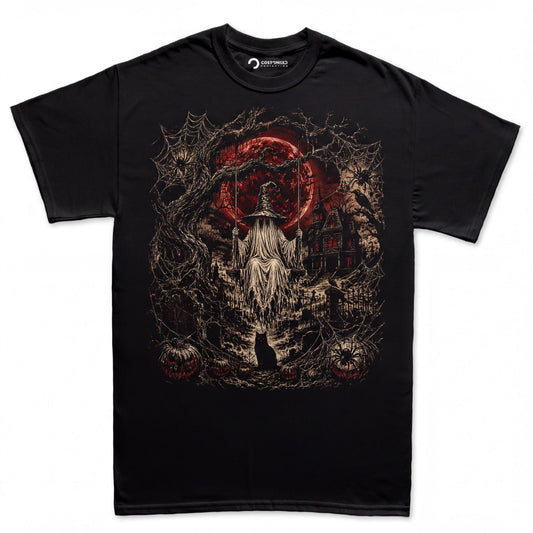 Witch Swing Haunted House Shirt, Blood Moon Graveyard T-Shirt, Gothic Halloween Spiders Hoodie, Black Cat Cemetery Sweatshirt
