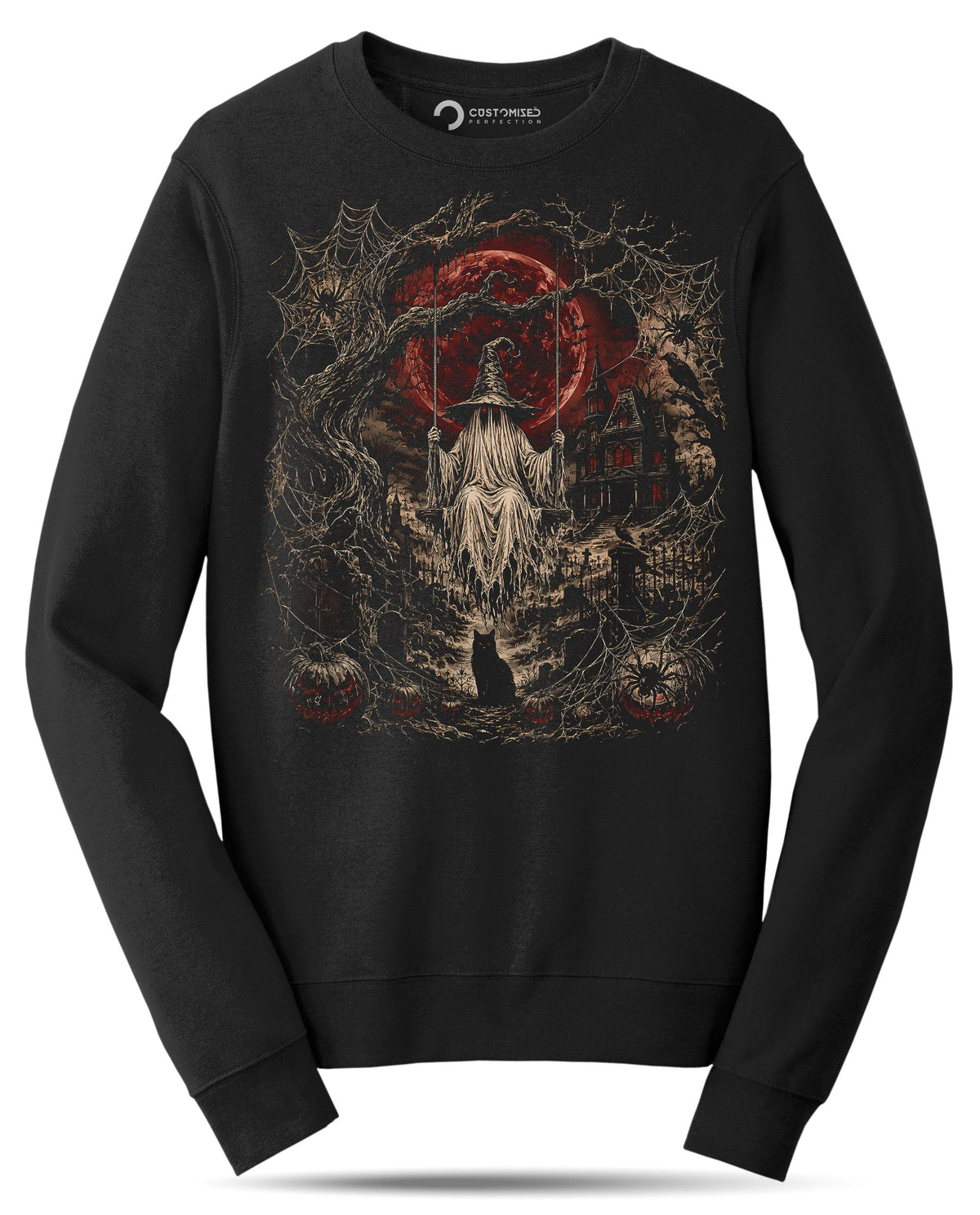 Witch Swing Haunted House Shirt, Blood Moon Graveyard T-Shirt, Gothic Halloween Spiders Hoodie, Black Cat Cemetery Sweatshirt