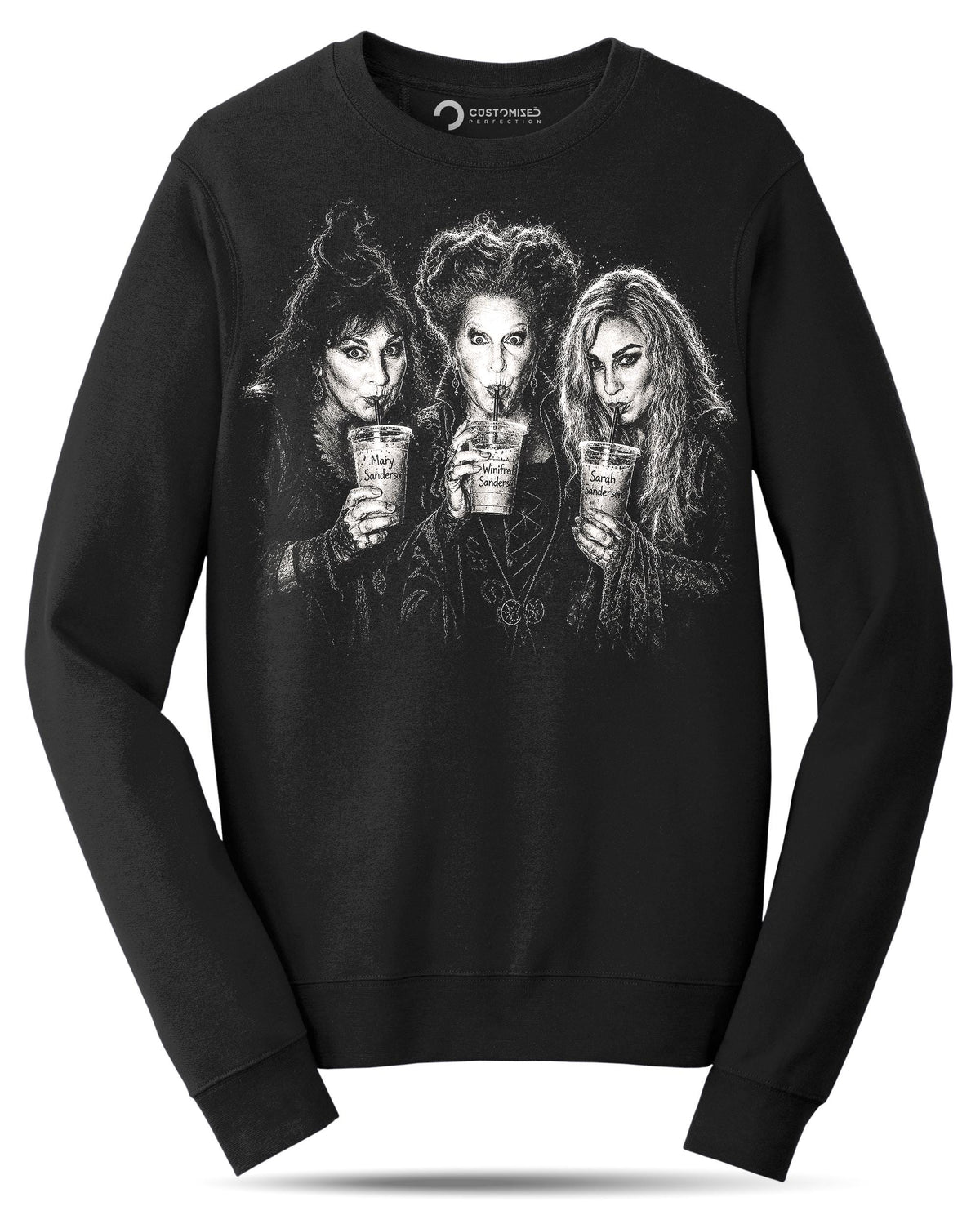 Three Witches Iced Drinks Shirt, Chalk Art Witch Trio T-Shirt, Dramatic Halloween Portrait Hoodie, Black White Witch Sweatshirt