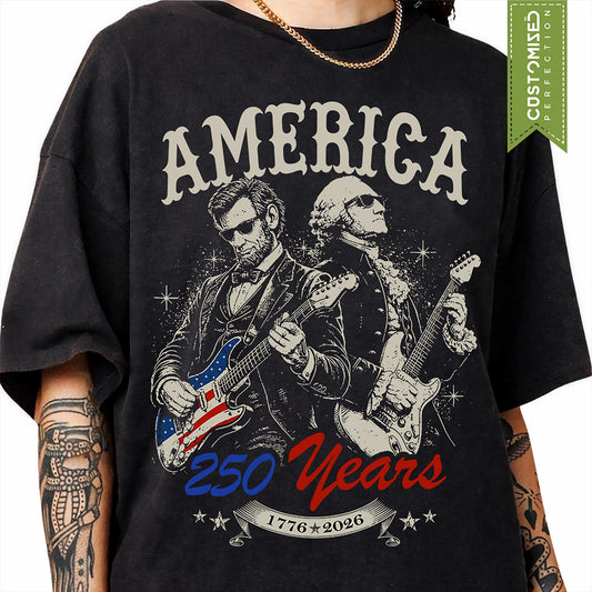 Comfort Colors® Abraham Lincoln and George Washing Playing Guitar T-shirt, July 4th 250th Anniversary Tee, America 250 Celebration Tshirt