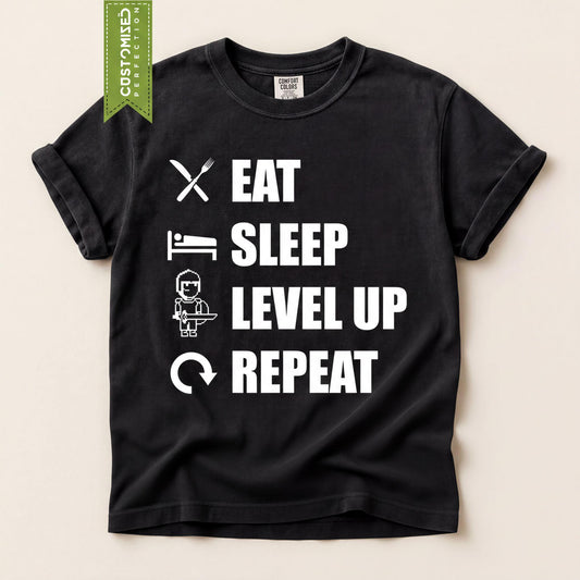 Gamer Shirt, Eat Sleep Level Up Repeat Tshirt, Funny Gaming Tee for Adult and Kids