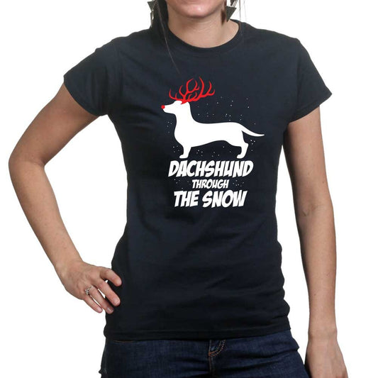 Ladies Dancing Dachshund Through The Snow Dog Funny Christmas Joke T shirt Tee Top T-shirt