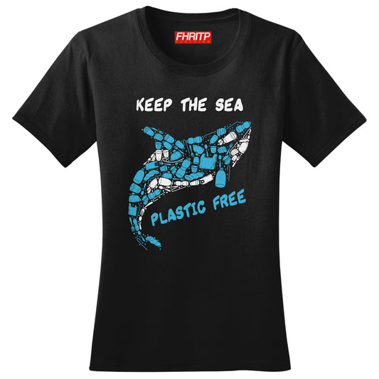 Ladies Keep the Sea Plastic Free Killer Whale Mosaic Hand Drawn T shirt Tee Top T-shirt