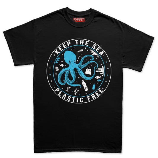 Mens Keep the Sea Plastic Free Octopus Protest T shirt Tee Top T-shirt