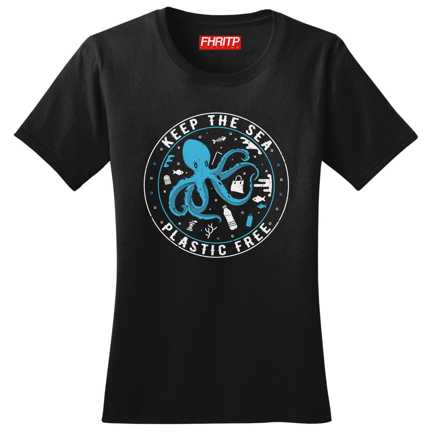 Ladies Keep the Sea Plastic Free Octopus Protest T shirt Tee Top T-shirt