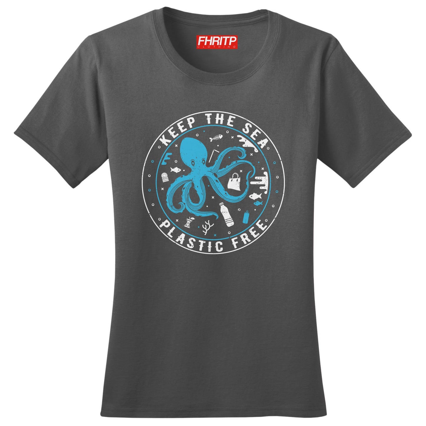 Ladies Keep the Sea Plastic Free Octopus Protest T shirt Tee Top T-shirt