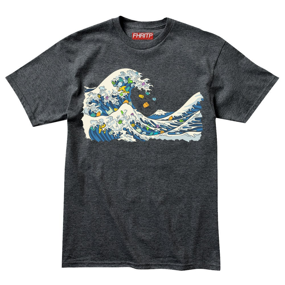 Mens Great Wave Of Plastic Marine Pollution Protest Hand Drawn T shirt Tee Top T-shirt