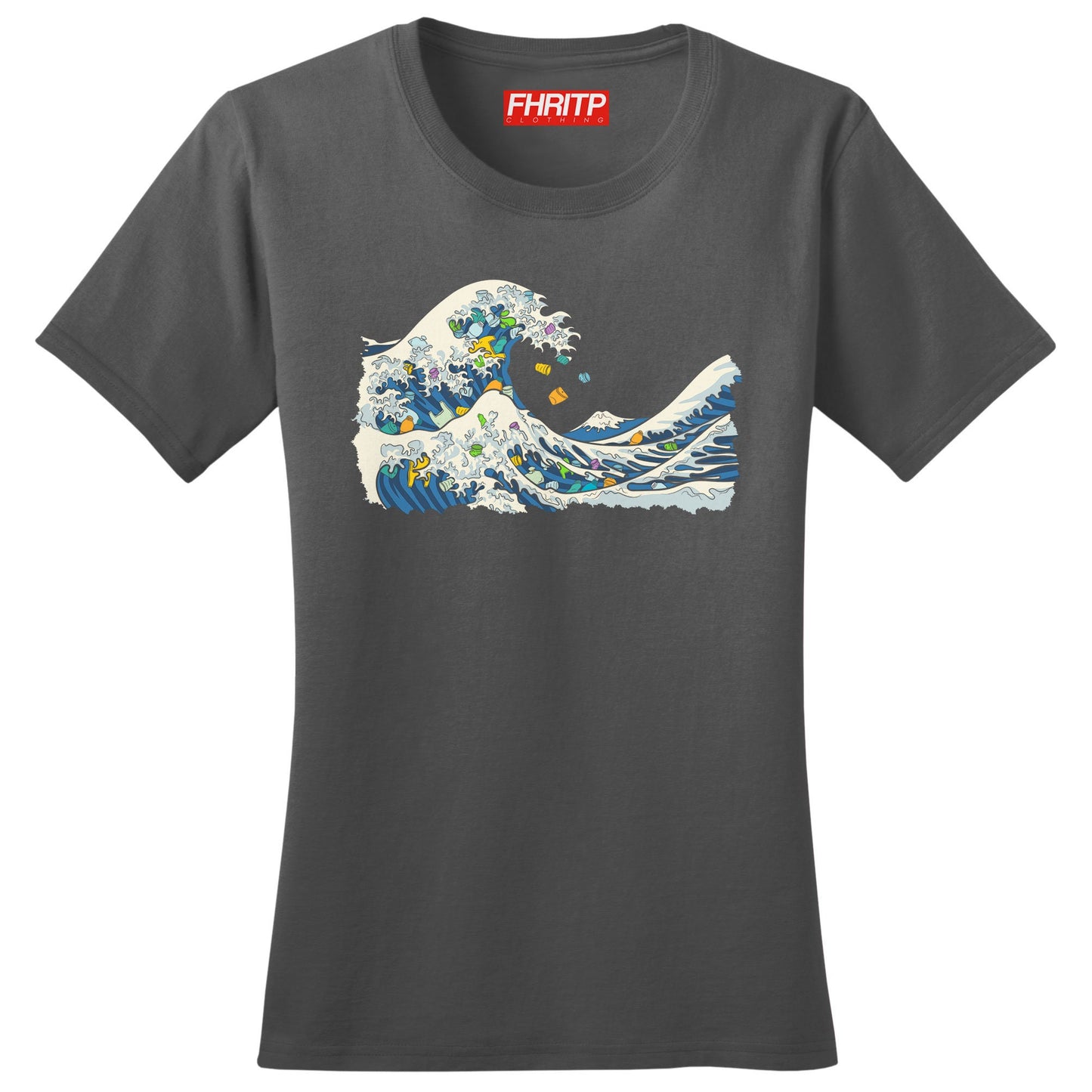 Ladies Great Wave Of Plastic Marine Pollution Protest Hand Drawn T shirt Tee Top T-shirt